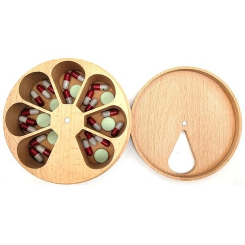 Osmond Caja Decorativa para Guardar Joyas, Caja de Madera con Clasificación de Múltiples Rejillas para Medicamentos, Caja Redonda para Guardar Pastillas, Caja de Madera