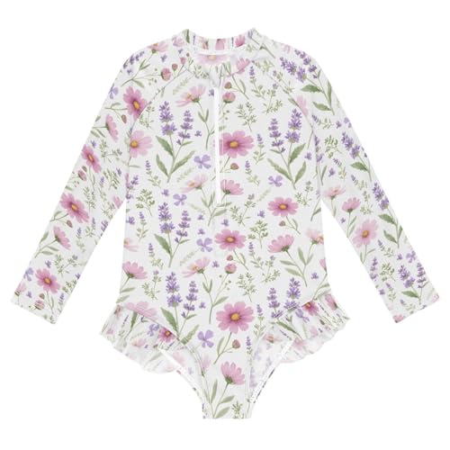 ALAZA Lavender Flower Blossom Floral Girls One Piece Swimsuit Long Sleeve Rash Guard Swimsuits UV 50+ Swimwear Zipper