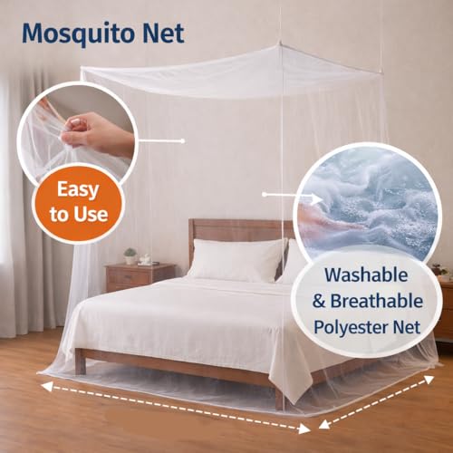 Image of Mosquito Net for Double Bed (6x6.5 ft) - Premium Square Design Polyester Machardani | Hanging Bed Netting for Home & Travel | Durable Insect, Fly & Bug Protection Screen (White)