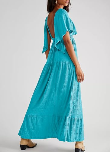 Image of Kikibell Women Summer Dresses Sexy V-Neck Maxi Dress Tiered Silhouette with Flutter Sleeve Backless Elastic Waist Flowy Dress