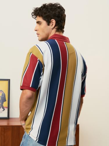 Image of The Souled Store Rugby Polo: Caravan Men and Boys Short Sleeves Polo Neck White Navy Mustard Red Striped Cotton Blend Oversized Drop Shoulder Breathable Knit Casual Polos