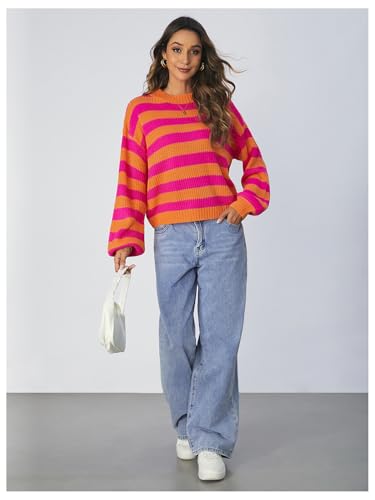 Image of SOLY HUX Women's Color Block Striped Knit Tops Casual Long Sleeve Drop Shoulder Sweater Pullovers