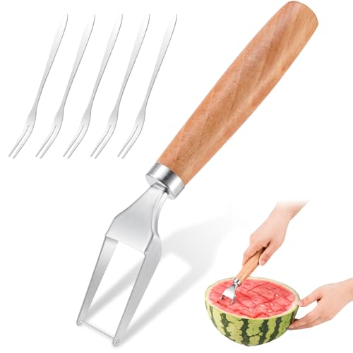 Seribt Watermelon Slicer Cuts Watermelons into Cubes, Stainless Steel Melon Cutter with Wooden Handle, Watermelon Cutting Tool Fruit Cutter with 5 Fruit Forks, Large, Silver, XGD01