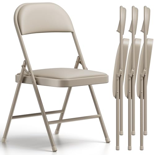 Folding Chair 4 Pack, Comfy PU Leather Padded Folding Chairs for Outside and Indoor, Heavy Duty Portable Foldable Metal Commercial Seat for Home, Dorm, Party, Backyard, Lawn, Patio, Khaki