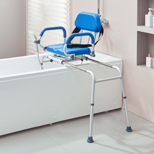 VEVOR Sliding Tub Transfer Bench with 360 Degree Swivel Seat, Sliding Shower Chair with Pivoting Armrest & Padded Seat and Safety Belt, Height Adjustable Bath Chair for Elderly Disabled, 330LBS - Image 3