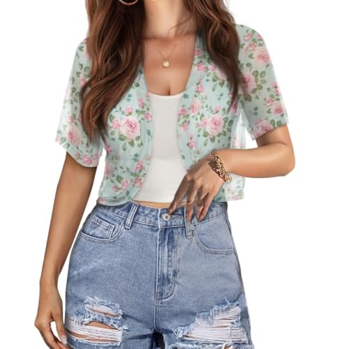 Image of Womens Short Sleeve Cardigans Lightweight Summer Cardigan Trendy Bolero Shrug Cute Floral Cardigan Sheer Bolero