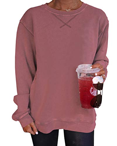 Heltapy Womens Sweatshirts Long Sleeve Loose Comfy Crewneck Pullover Tops Simple Novelty Causal Shirts Pink
