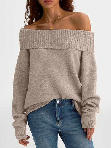 LILLUSORY Womens Off The Shoulder Sweater Oversized Fall Cozy Cute Casual Going Out Batwing Sleeve Loose Pullover Sweaters 2024 Trendy Clothes Tops Apricot