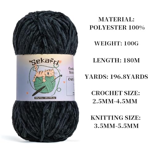 Image of 3 Pack of 300g (590yds) Fuzzy Chenille Yarn for Crocheting,Fluffy Amigurumi Crochet Yarn for DIY Craft /Hat /Clothes, Soft Velvet Baby Blanket Yarns（3 Black）