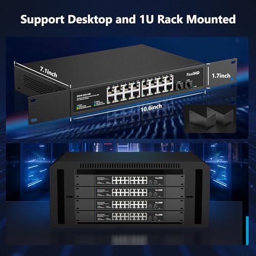 Image of Real HD 16 Port 2.5Gb Unmanaged Ethernet Network Switch with 16 x 2.5G Base-T Port, 2 x 10G SFP+, Work with 10-100-1000Mbps, 120G Bandwidth, Fanless Quiet, 19 in Rack Mount, Sturdy Metal Casing