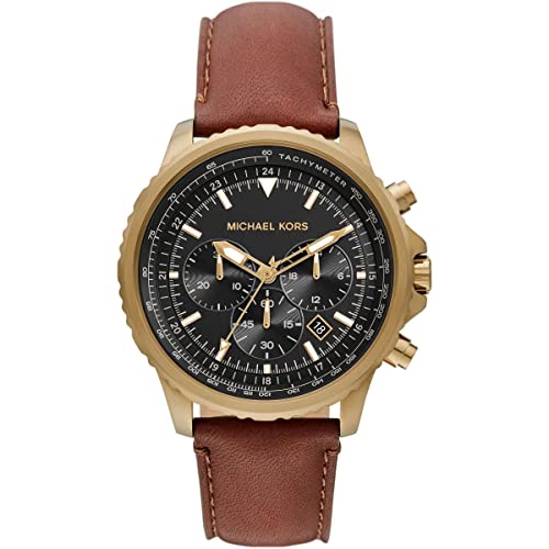 Michael Kors Montre pour Homme Cortlandt, Mouvement Chronographe, Boîtier en Acier Inoxydable Doré de 44 mm avec Bracelet en Cuir, MK8906