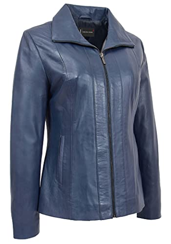 Chaqueta de cuero real para mujer, con cremallera, color negro, azul, marrón, rojo y marrón, azul, 50 Cover