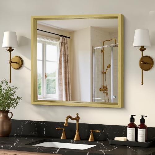 Image of Bathroom Mirror, 24 x 24 inch Natural Wood Grain Colored Aluminum Metal Frame Bathroom Vanity Mirror, Square Wall Mirror for Bedroom Living Room, Tempered Glass,Anti-Rust