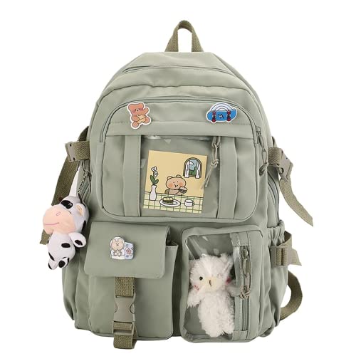 Mochila Kawaii con pin Kawaii y accesorios, mochila escolar para niñas, mochila de nailon impermeable, mochila escolar para niños, adolescentes, mochilas duraderas para estudiantes, verde