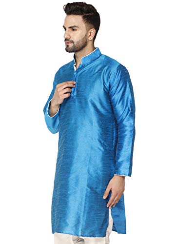 Image of Men's Art Silk Woven Design Long Kurta Mandarin Collar Straight Shirt