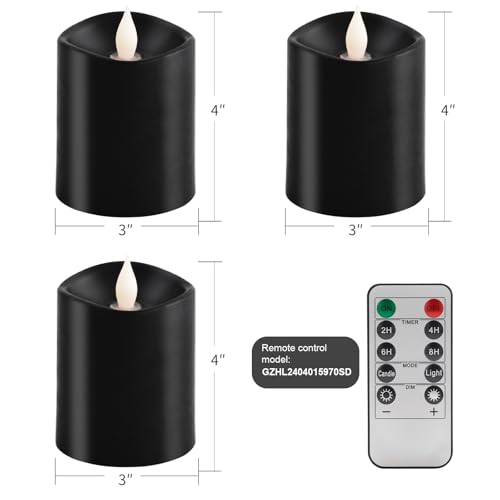 Image of 3x4 Flickering Flameless Candles Set of 3, 2AA Battery Life 600 Hours Battery Candles Flickering with Timer,4 inch Flameless Candles with Remote for Home Wedding Party Halloween Decoration, Black