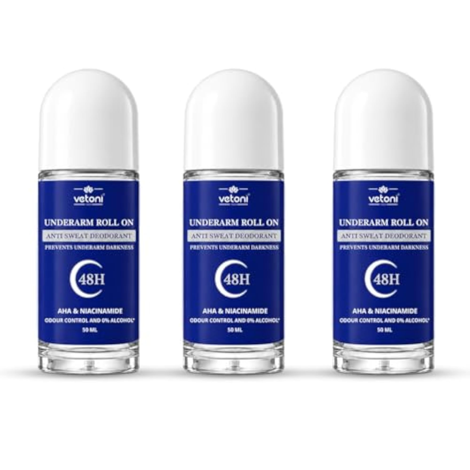 Underarm Roll On Anti Sweat Deodorant with AHA & Niacinamide, Pack of 3
