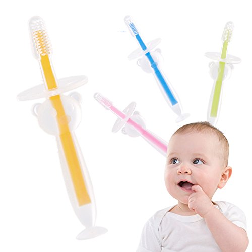 Baby Toddler Infant Toothbrush Set by BOLOLO (4 Pack) Silicon Tooth Brush BPA Free Age 1-2 Extra Soft Bristles Anti-Chocking Design Suction Cup First Training Toothbrush for Babies …
