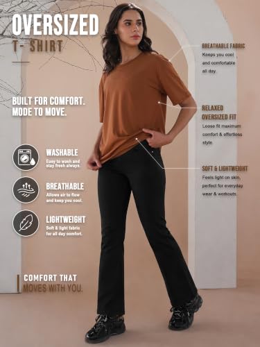 Image of CHKOKKO Oversized Round Neck Drop Shoulder Solid Polyester Full Sleeves T-Shirt for Women