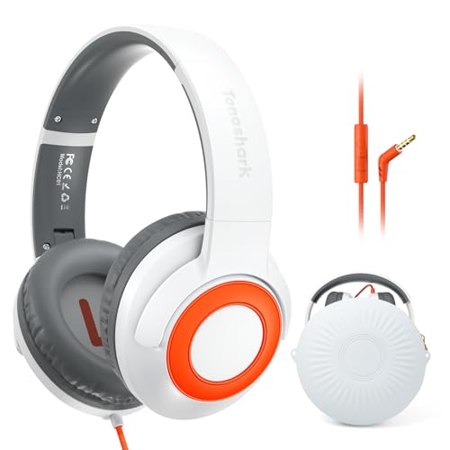 TONOSHARK Kids Wired Headphones with Microphone Volume Limited to 85/94dB Foldable 3.5mm Jack Headset for Girls Pink Over-Ear Headphones for School Study & Travel Includes Carry CaseWhite