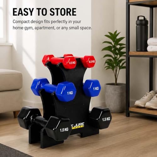Image of De Jure Fitness Dumbbell Set with Stand for Home Gym | 1kg 2kg 3kg 3 Pair Dumbbells Set | Vinyl Weight Set with Rack | Space Saving Compact Stand | Strength Training Workout Equipment