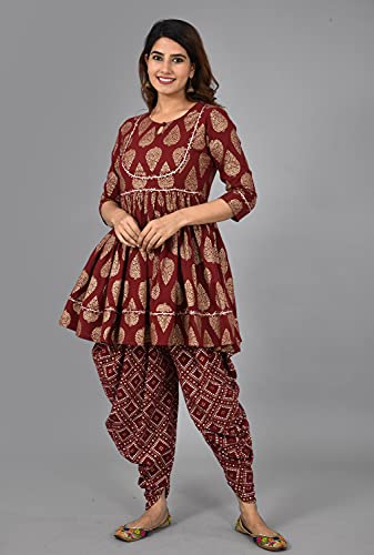 Image of H&N Women's Cotton Blend Casual Printed A-Line Kediya Kurti Top With Dhoti Set
