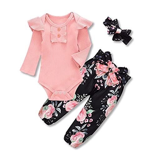 Image of Kislio Newborn Baby Girls Clothes Ribbed Ruffled Romper+Floral Pants+Headband Infant Outfit Set