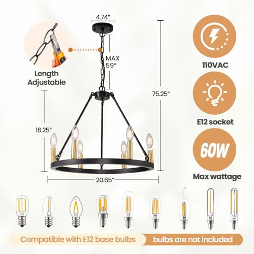 6-Light-Black-and-Gold-Chandelier-Farmhouse-Wagon-Wheel-Chandelier-Rustic-Chandeliers-for-Dining-Room-Round-Kitchen-Island-Iight-Fixtures-Dining-Room-Light-Fixtures-Over-Table 6 Light Black and Gold Chandelier Farmhouse Wagon Wheel Chandelier Rustic Chandeliers for Dining Room Round Kitchen Island Iight Fixtures Dining Room Light Fixtures Over Table