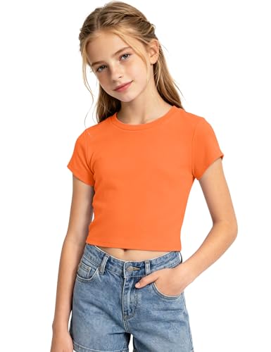 Image of Auranso Girls Crop Tops Kids Short Sleeve T-Shirts Basic Summer Tee Top