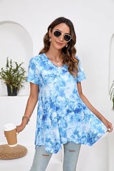 Enmain Tuniektops voor dames voor de zomer, V-hals, korte mouwen, T-shirts voor dames, voor leggings, vrije tijd, elegant, gekleed, tuniek, blouses, zwierige tops, XXL