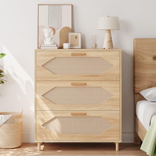 GAOMON 3 Drawer Dresser for Bedroom, 31.5 Inch Wide Rattan Modern Closet Dressers Chest of Drawers, Wood Oak Storage Chest for Kids Bedroom, Hallway, Living Room, Hallway, Natural Wood