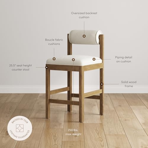 Nathan James Kimberly Modern Counter Stool with Solid Wood Legs, Boucle Upholstered Counter Height Stool with Bolster Back, Cream Boucle/Light Brown by Nathan James - Used condition - Image 3