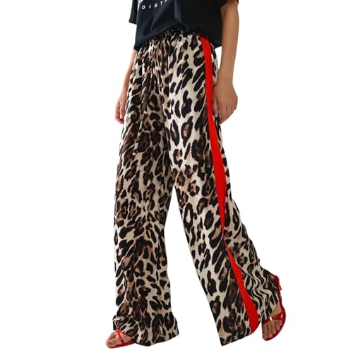 Leopard Pants Women Drawstring High Waisted Side Striped Wide Leg Pants Streetwear Cheetah Print Pants with Pockets