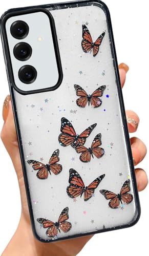 Image of VONZEE Glitter Butterfly Case for Samsung Galaxy A16 5G, Clear Sparkle Soft TPU Shockproof Bumper Cover | Cute Bling Shiny Slim Protective Phone Case for Girls & Women (Black)