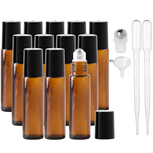 Essential Oil Roller Bottles, 10ml Thick Glass Perfume Roller Bottles with Funnel Opener and Dropper Colored Glass Empty Bottles with Stainless Steel Roller Balls (Brown - black cover, 12 Pack)