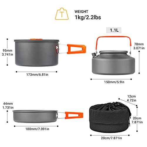 Yeto Camping Cookware Set Hard-Anodized Aluminum Foldable Backpacking Camping Pots And Frying Pans Cooking Camp Kitchen Camping Mess Kit Eco-Friendly Cooker Set For 2-3 Persons,Mediumgrey #TOP1