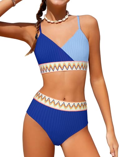 Image of DONWEN Girls Swimsuits V Neck Bikini Set Textured High Waist Girl Two Piece Bathing Suit