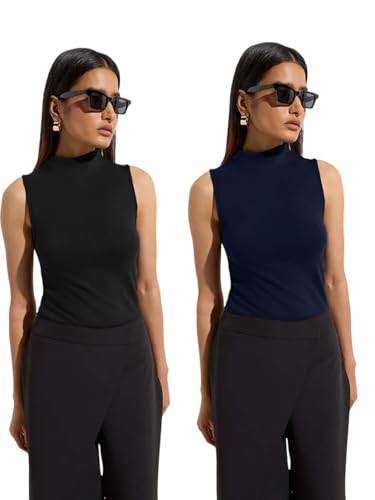 Image of KOTTY Women's Sleeveless High Neck Ribbed Tank Top Combo Pack of 2 Stylish Casual & Office Wear Tops