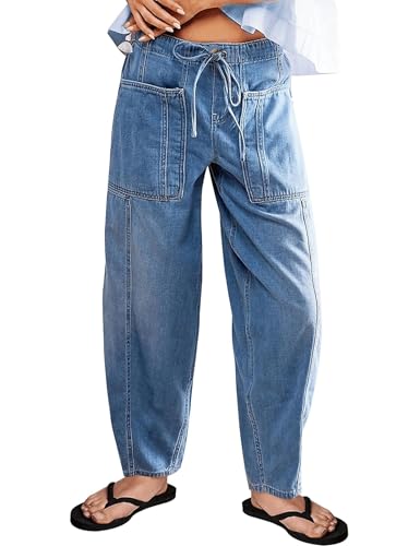 People Free Dupe, People Free Dupe Pants Barrel Jeans for Women Stretch Elastic Waist Pull-on Wide Leg Baggy Pants Lightweight Casual Crop Denim with Drawstring