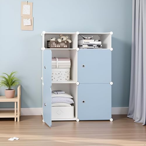 Image of Sunderlook Plastic Wardrobe for Kids Clothes - Collapsible Wardrobe, Easy to Use Anti-Skid & Non-Slip Effective Professional Foldable Plastic Cupboard for Kids, Home (Blue-HD2, 4 Door)