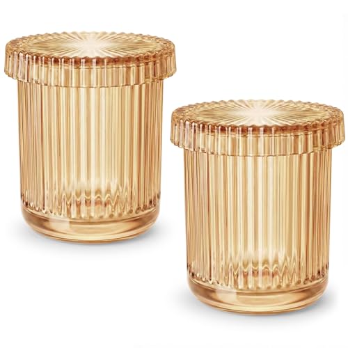 MKOSAB Bathroom Organizers and Storage,2 Pack Glass Qtip Holder Dispenser,Bathroom Essentials Accessories Decor,Vanity Makeup Storage Organizer for Cotton Swabs,Cotton Balls,Pads,Floss Picks (Amber)