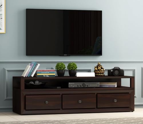 Image of Premium Sheesham Wood TV Unit with 3 Drawers and 1 Shelf Storage - Accommodates up to 55-Inch TVs - Perfect for Elegant Living Room Decor (Oliver, Walnut Finish)