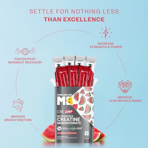Image of MuscleBlaze Micronised Creatine Monohydrate CreAMP Powder, 7 Sachets | Watermelon Kool Aid | Trustified Certified Creatine | Travel Pack
