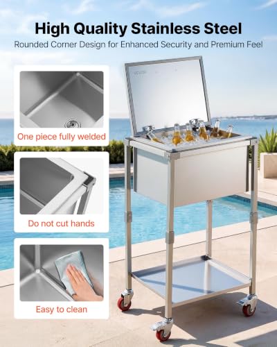 Image of VEVOR Commercial Ice Bin, Underbar Ice Bin, Stainless Steel Ice Chest with Sliding Lid, Bottle Holders, Adjustable Bullet Feet, Cooler Cart Cocktail Unit for Bar Restaurant Pub