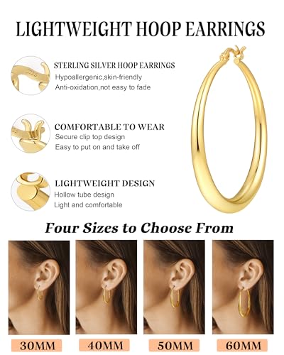 Silver Hoops Earrings for Women Hypoallergenic 925 Sterling Silver 14K Gold Plated Hoop Earrings Lightweight Large Thick Hollow Tube Hoop Earrings 30/40/50/60MM4