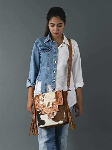 ADYAN Western Genuine Leather Floral Tooled Fringe Womens Crossbody Bag - Leather Cross Body Western Bag with Leather Strap for Women4