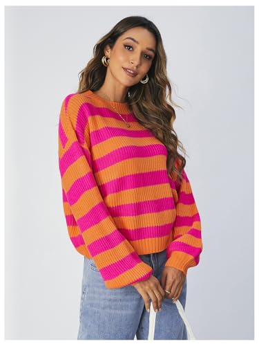 Image of SOLY HUX Women's Color Block Striped Knit Tops Casual Long Sleeve Drop Shoulder Sweater Pullovers
