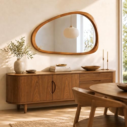 Image of Solid Wood 36x24 Warm Walnut Irregular Bathroom Vanity Wall Mirror | Warm organic tone softens Japandi bathrooms, over-sink vanities, powder rooms, dresser walls, modern organic rooms