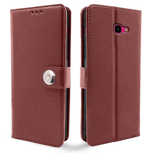 Image of Pikkme Samsung Galaxy J4 Plus Flip Cover Leather Finish | Inside TPU with Card Pockets | Wallet Stand and Shock Proof | Complete Protection Button Flip Case (Brown)