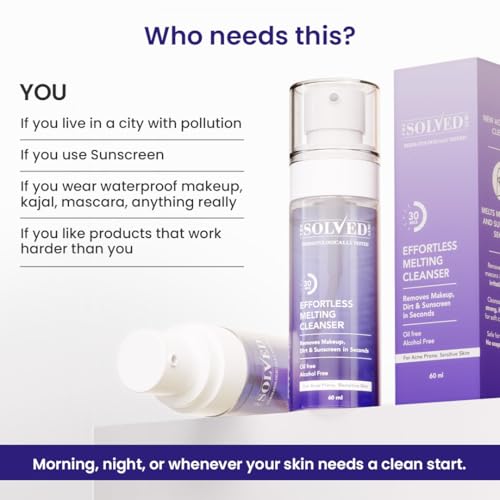 Image of The Solved Skin Effortless Melting Cleanser | Removes Kajal, Sunscreen & Waterproof Makeup in One Step | Oil free, Non Comedogenic | Designed for Sensitive & Acne-Prone Skin 60 ml (Pack of 1)